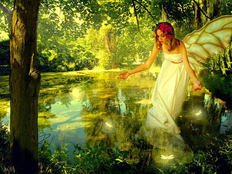 Birth of a fairy, fall, glow, falling, shine, magic, woman, leaves, fantasy, bright, reflection, enchanted, light, fairy, lade, forest, calmness, wings, white dressed, golden, creek, trees, sparkles, lake, pond, water, girl, serenity, summer, branches, HD wallpaper
