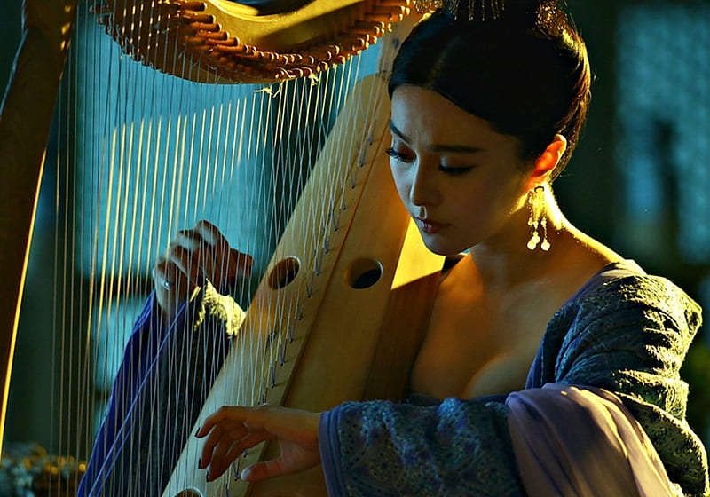 The Empress of China (2014-2015), fan bingbing, music, golden, the empress of china, yellow, woman, instrument, girl, actress, tv series, beauty, princess, blue, HD wallpaper