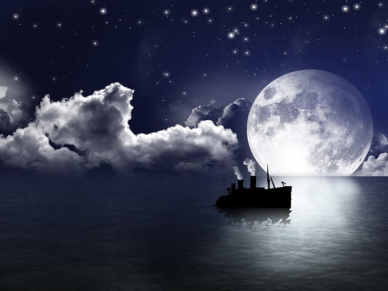 Landscape, Fantasy, Sky, Moon, Star, Steamboat, HD wallpaper