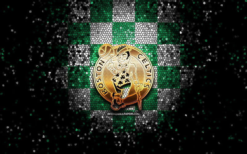 Boston Celtics, glitter logo, NBA, green white checkered background, USA, canadian basketball team, Boston Celtics logo, mosaic art, basketball, America, HD wallpaper