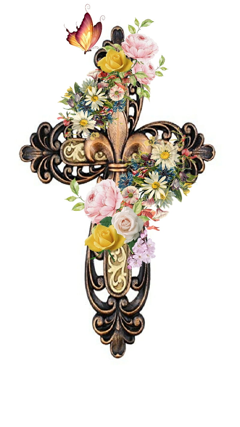 Decorated Cross, bouquet, colorful, flowers, gold, religion, HD phone wallpaper
