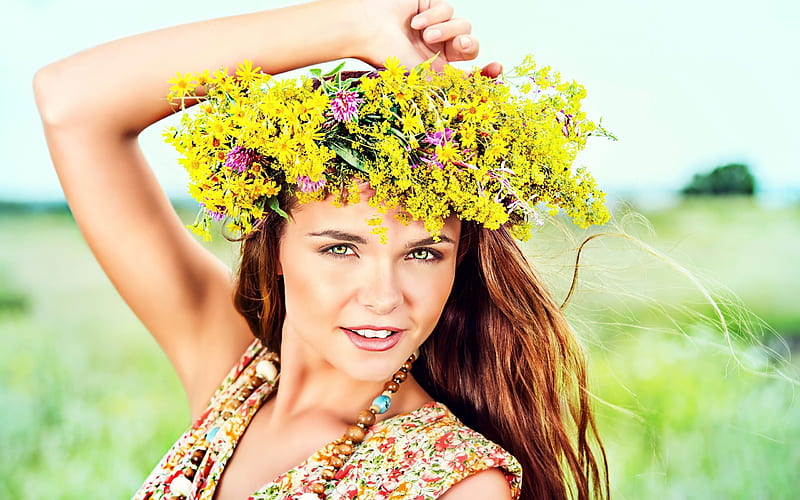 beautiful girl, portrait, spring, wildflowers, HD wallpaper