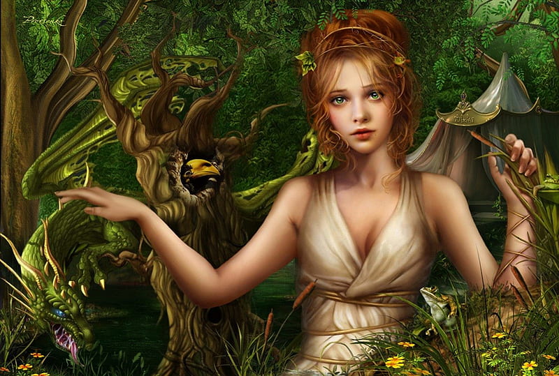 Fantasy Girl, forest, fairy tale, dragon, frog, leaves, fantasy, girl, green, wood, HD wallpaper