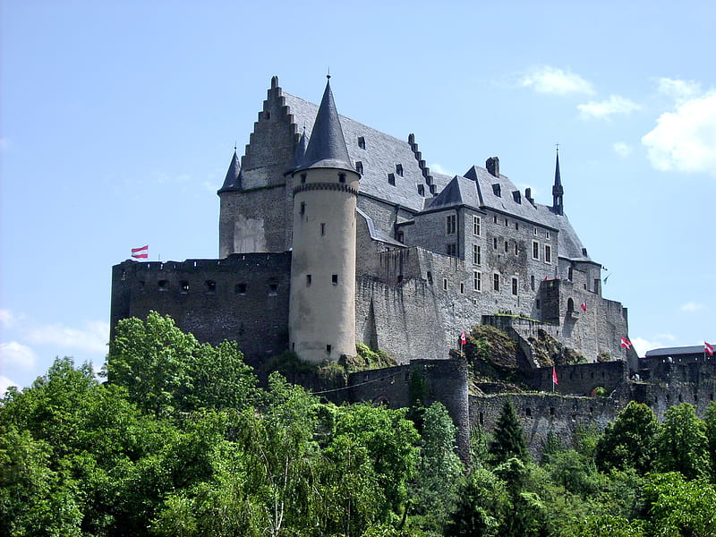 Vianden Castle, Luxembourg, walls, green, towers, gris, trees, castle, sky, blue, HD wallpaper