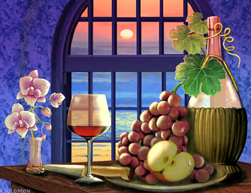 Sunset Rose Wine, Tuscany, fruits, glasses, love four seasons, autumn beauty, attractions in dreams, knife, grapes, red wine, wines, flowers, nature, bottles, HD wallpaper