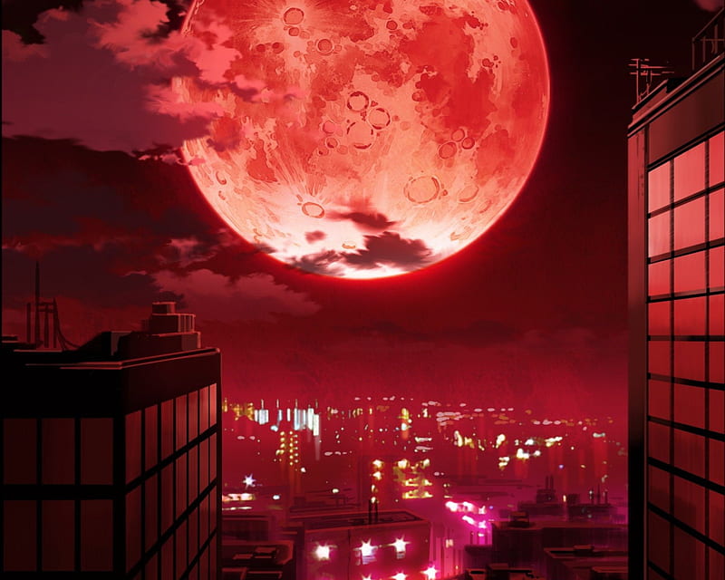 Red Night, red, house, scenic, bonito, city, moon, anime, beauty, scenery,  light, HD wallpaper | Peakpx