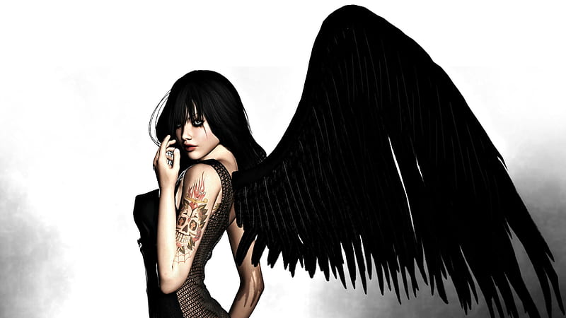Dark angel, wings, tattoo, black, woman, fantasy, girl, rendering, white,  HD wallpaper | Peakpx