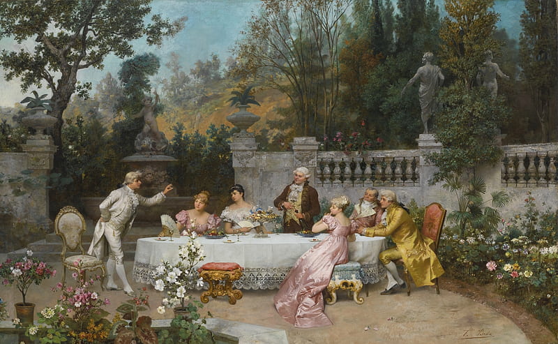 The storyteller, table, luminos, man, storyteller, woman, people, painting, summer, 19 century, garden, sunday, pictura, HD wallpaper