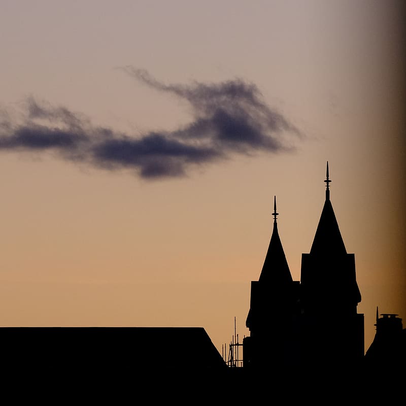 towers, spiers, buildings, silhouettes, evening, HD phone wallpaper