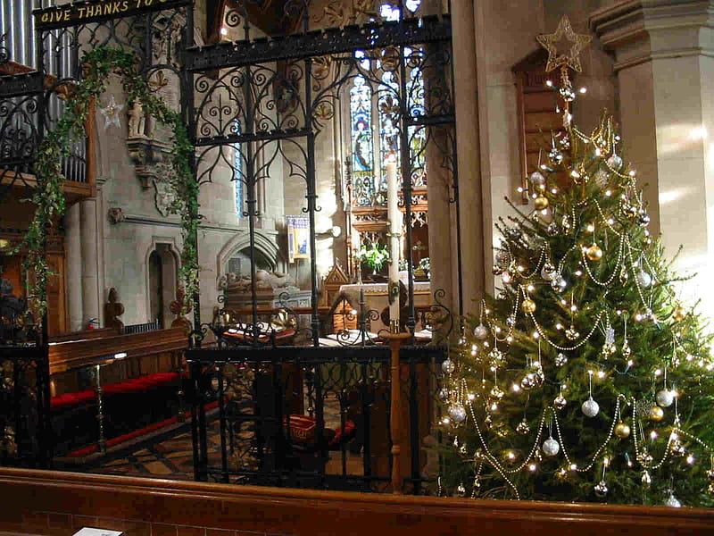Christmas Church, tree, christmas, church, stainded glass, HD wallpaper