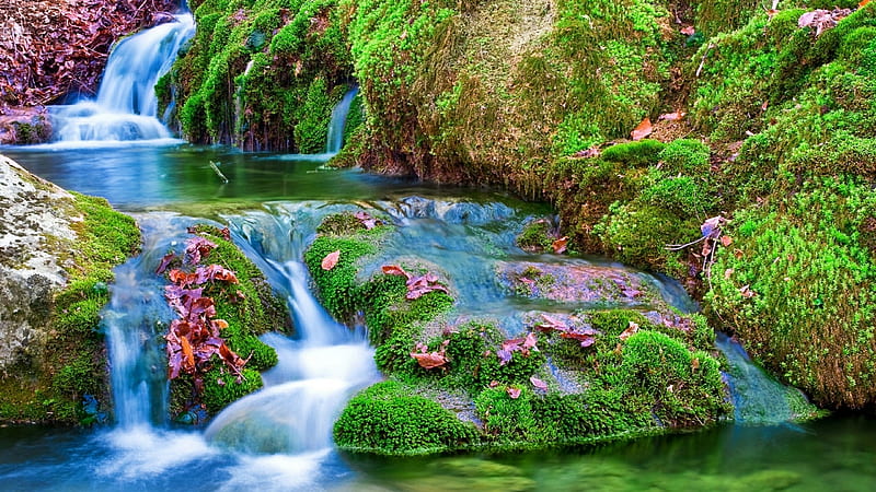 Waterfall Among the Mossy Stones, stone, green, waterfall, mossy, nature, trees, HD wallpaper