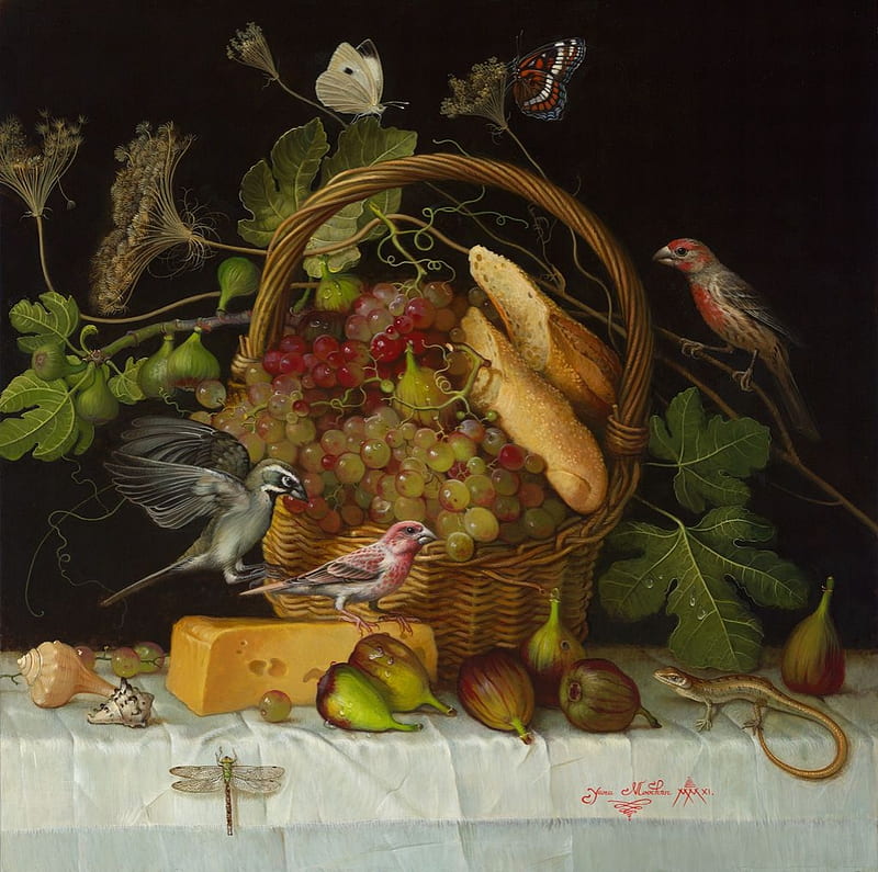 Still life with figs, bird, yana movchan, basket, pasari, fig, art, food, fruit, still life, cheese, HD wallpaper
