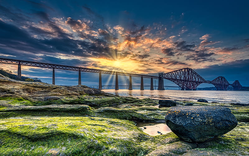 Forth Bridge sunset, coast, Scotland, UK, United Kingdom, R, railway bridges, Great Britain, beautiful nature, HD wallpaper