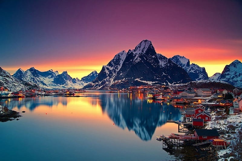 Merry Christmas and a Happy and Prosperous New Year to You All , mountain, red houses, sunset, lake, mirror reflection, HD wallpaper