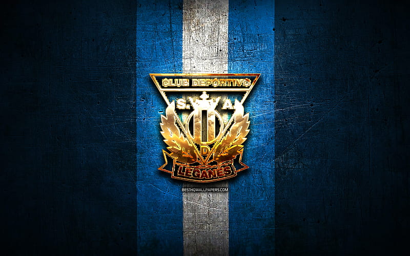 Deportivo Leganes, golden logo, La Liga, blue metal background, football, CD Leganes, spanish football club, Deportivo Leganes logo, soccer, LaLiga, Spain, HD wallpaper