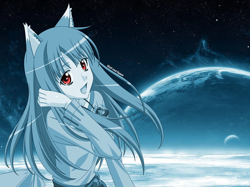 Space and Wolf, female, horo, space, ears, moon, girl, planet, wolf girl, holo, wolf, long hair, spice and wolf, HD wallpaper
