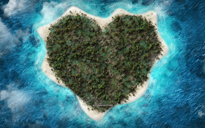 Island heart, ocean, love concepts, tropical island, top view, aero view, creative art, heart, HD wallpaper