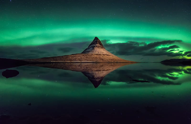 Earth, Aurora Borealis, Iceland, Kirkjufell, Mountain, Reflection, Stars, HD wallpaper