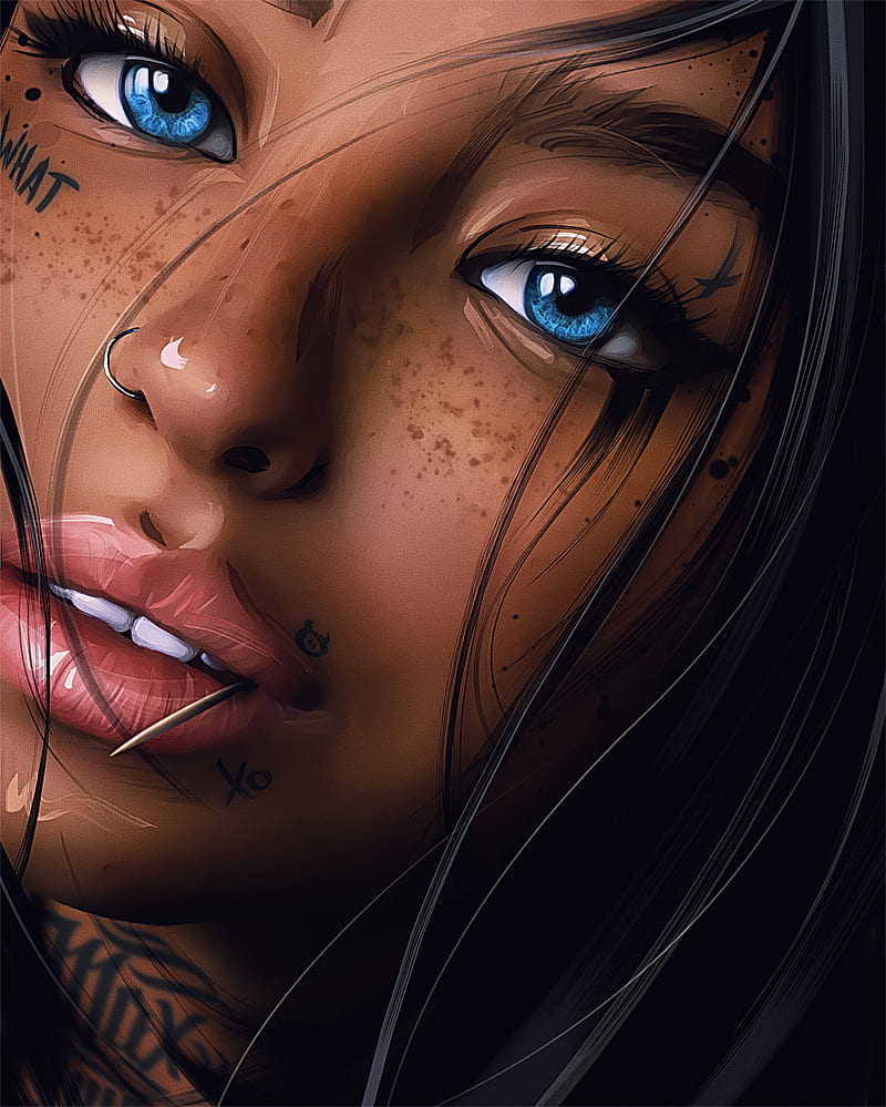 Women Artwork Digital Art Painting Inked Girls Tattoo Face Nose Rings Hd Phone Wallpaper