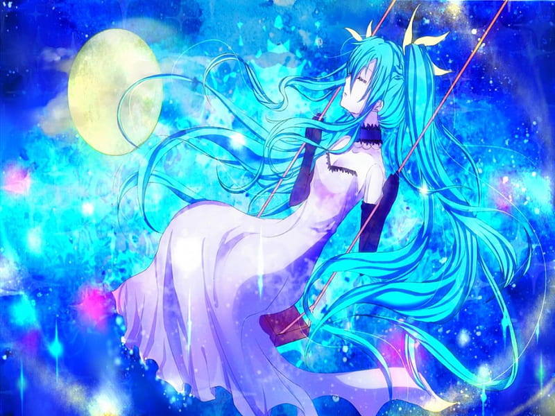 Hatsune Miku, Swing, Anime, Colorful, Full Moon, Sweet, Cute, chaperu, Vocaloid, Blue Hair, Long Dress, Girl, Long Hair, Original, Blue, HD wallpaper