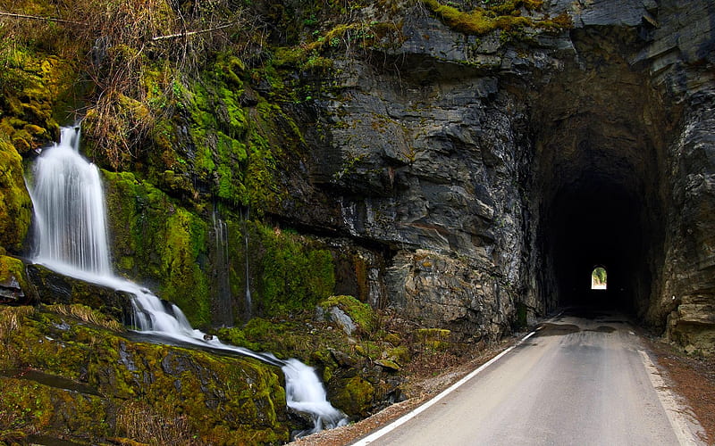 BEAUTIFUL ENTRANCE TO THE TUNNEL, rock, tunnel, road, entrance, waterfalls, HD wallpaper