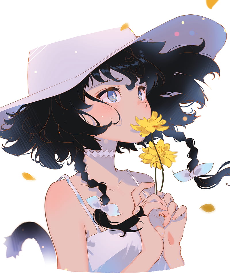 anime, anime girls, hat, flowers, yellow flowers, dark hair, Arutera, HD phone wallpaper