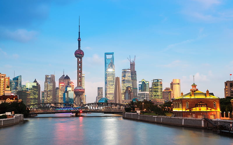 architecture, building, modern, bridge, tower, center, shanghai, asia, city, skyscrapers, night, megapolis, urban landscape, HD wallpaper