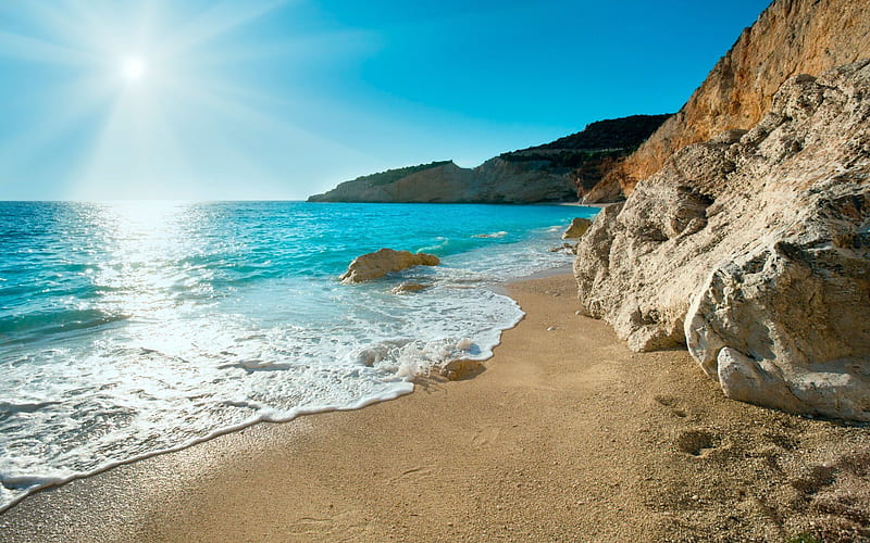 Greece, sea, coast, summer, rocks, bright sun, HD wallpaper