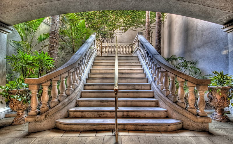 beautiful granite stairs r, columns, rail, brass, stairs, r, marble, trees, HD wallpaper