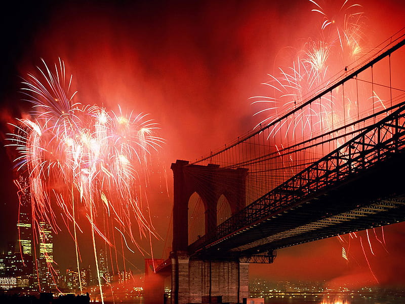 CELEBRATIONS, red, crackers, bridge, celebration, fireworks, brooklyn bridge, HD wallpaper