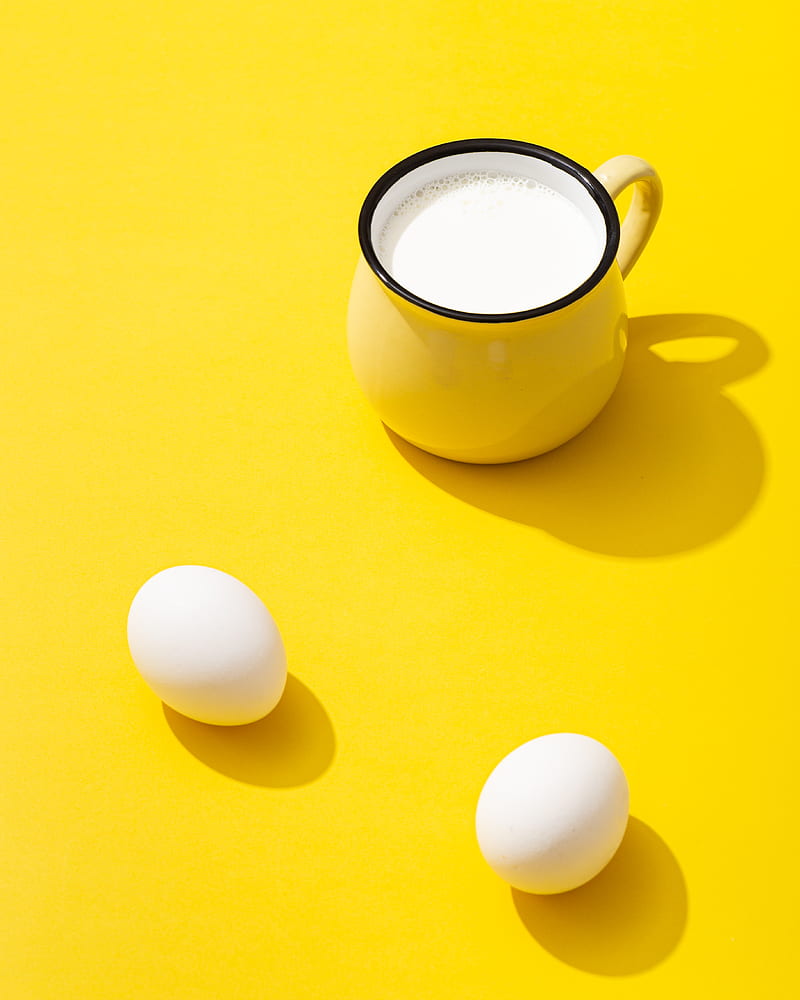 cup, milk, eggs, yellow, HD phone wallpaper