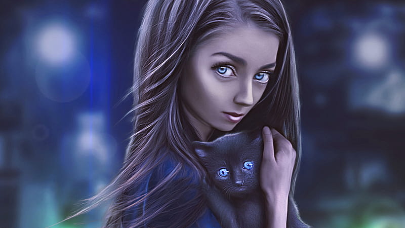 Digital Girl With Cat, artist, artwork, digital-art, cat, HD wallpaper