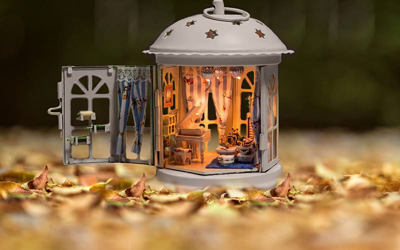 For little creatures, house, lantern, dollhouse, homes, autumn leaves, small, HD wallpaper