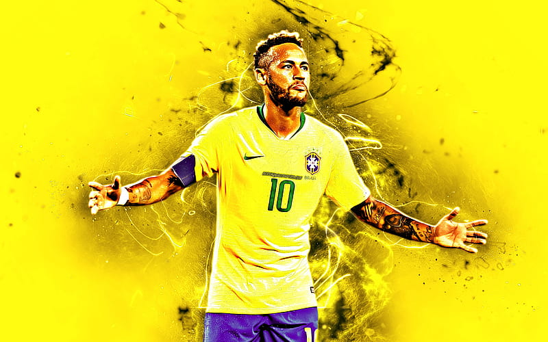 Neymar, joy, football stars, Brazil National Team, fan art, yellow background, Neymar JR, soccer, creative, neon lights, Brazilian football team, HD wallpaper