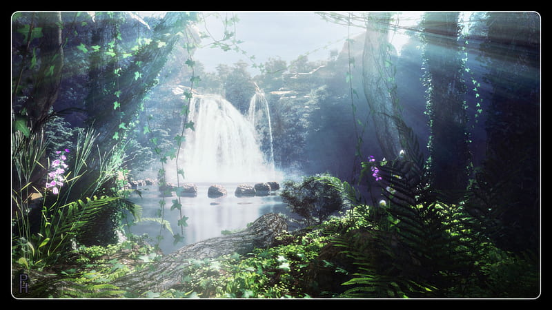 ✰A T M O S P H E R E✰, rocks, wonderful, 3D Art, stunning, creations, magic, incredible, Nature, splendor, love, waterfall, flowers, sunbeam, hop, lovely, trees, rays of light, splendid, Forests, bonito, atmosphere, leaves, Landscapes, Digital Art, magnificent, Diving Pool, PaPaMook, imaginations, places, colors, Scenes, magical, ivy, HD wallpaper
