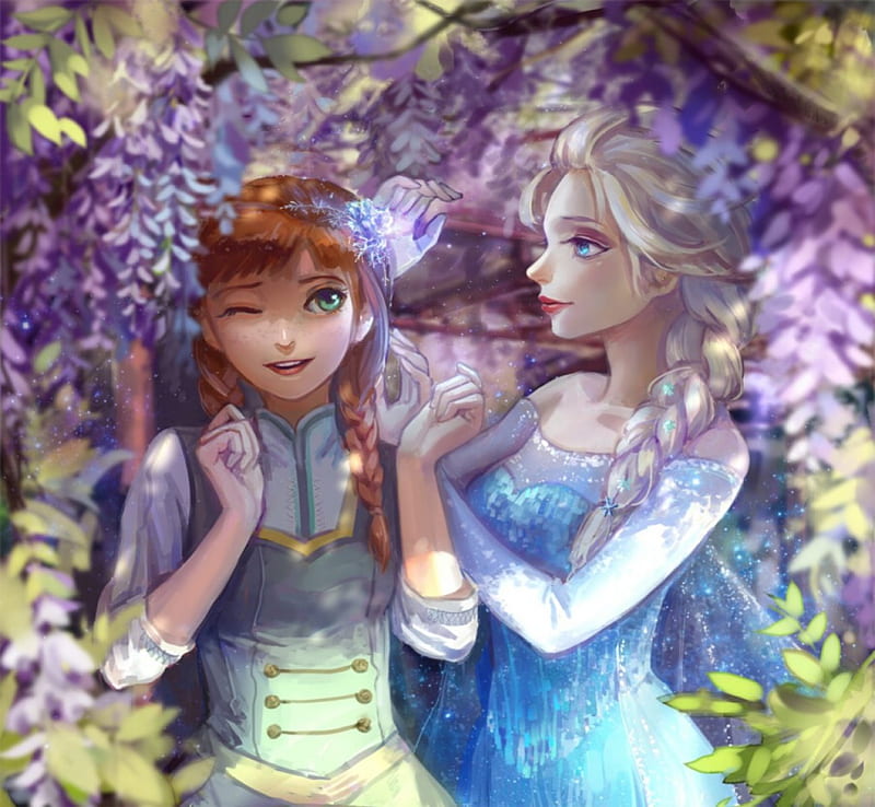 Princess Anna & Princess Elsa, pretty, dress, rose, sisters ...
