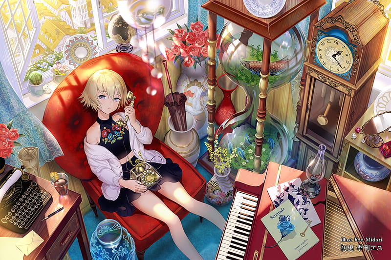 :), red, girl, anime, foo midori, manga, stuff, room, piano, HD wallpaper