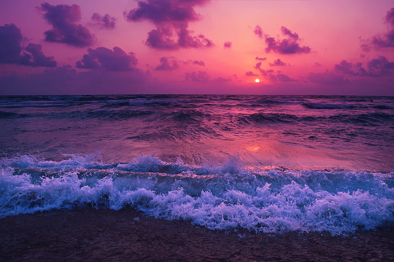 ocean, sunset, waves, foam, beach, Landscape, HD wallpaper