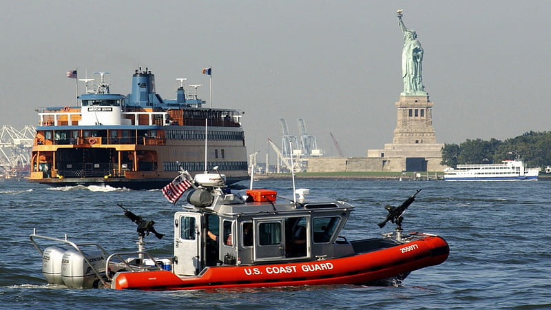 New York Harbor, ships, new york, ocean, harbors, boats, statue of liberty, military, coast guard, ferries, HD wallpaper