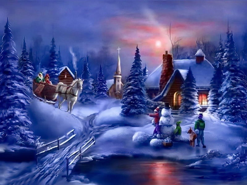 Winter scene, stream, bonito, clouds, eve, cold, nice, bridge, painting, village, river, evening, reflection, sledge, frost, lovely, view, holiday, christmas, new year, creek, sky, snowman, horses, winter, snow, frozen, scene, HD wallpaper