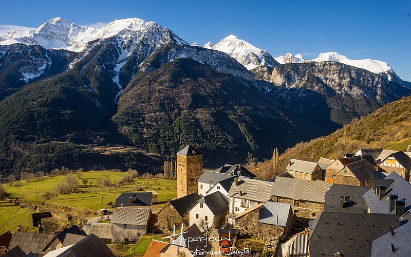Pyrenees, Spain, Pyrenees, mountains, town, Spain, landscape, HD wallpaper