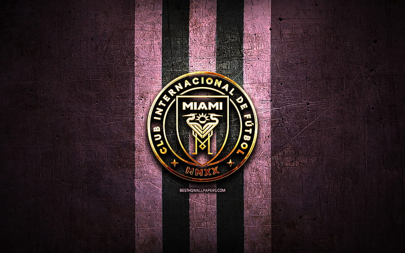 Inter Miami FC, golden logo, MLS, purple metal background, american soccer club, Inter Miami, United Soccer League, Inter Miami logo, soccer, America, HD wallpaper