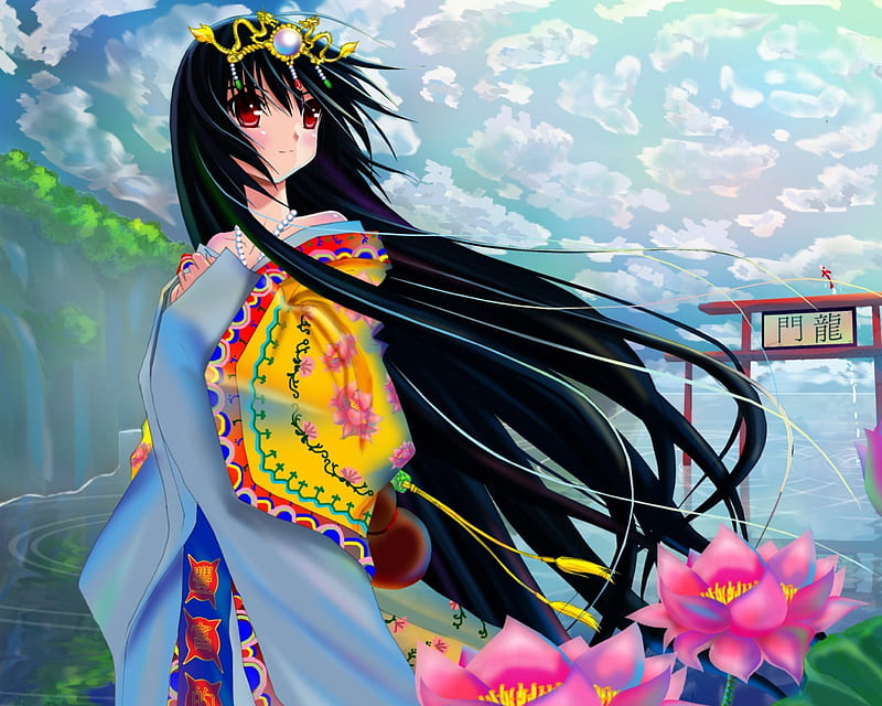 Shrine Maiden, pretty, lotus, bonito, floral, sweet, blossom, nice, japan,  anime, HD wallpaper | Peakpx
