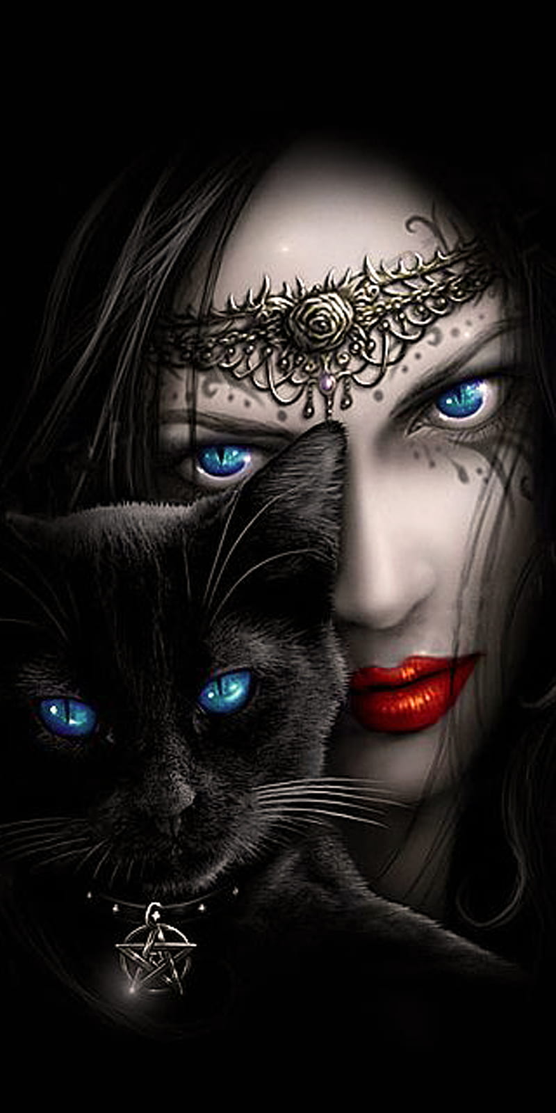 Witch, black, cat, dark, fantasy, girl, goth, woman, HD phone wallpaper