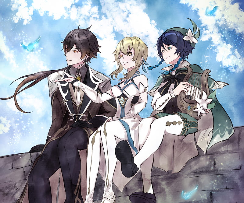 Anime, Genshin Impact, Lumine (Genshin Impact), Venti (Genshin Impact), Zhongli (Genshin Impact), HD wallpaper