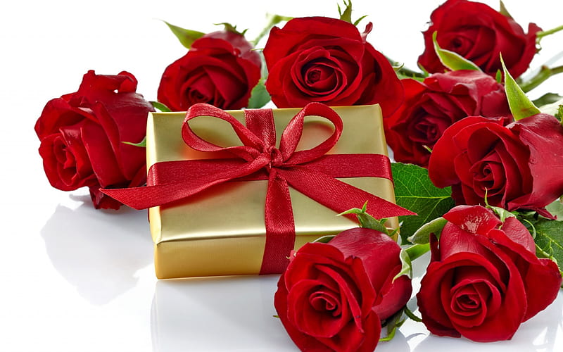 red roses bouquet of roses, Valentines Day, gift box, HD wallpaper