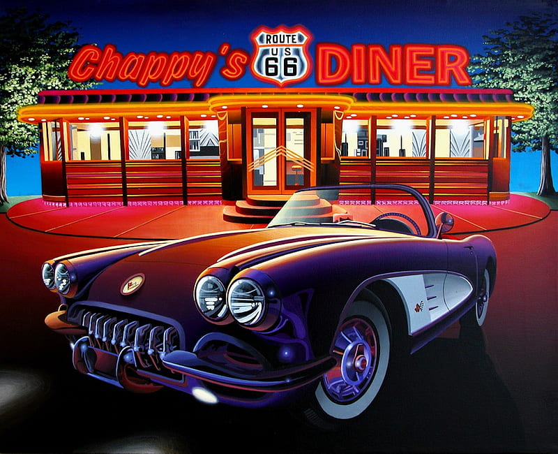 Chappy's Diner, corvette, car, american, diner, vintage, HD wallpaper