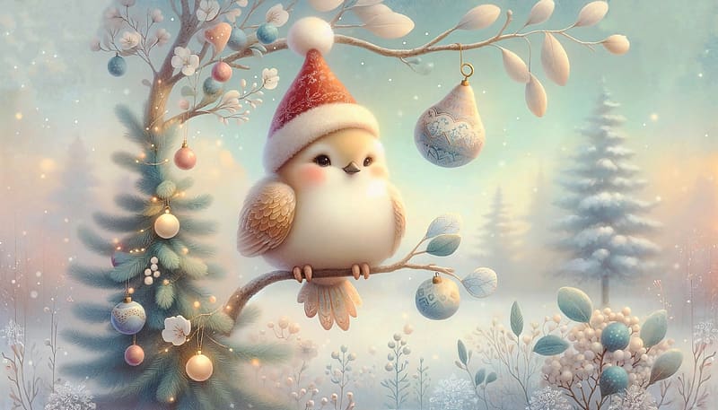 Winter morning, Flowers, Bird, Santa hat, Christmas Decorations, Snow, HD wallpaper