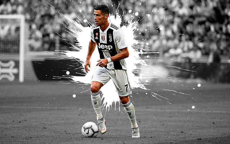 Cristiano Ronaldo art, striker, Juventus FC, Portuguese football player, football star, black and white splashes of paint, grunge art, creative art, Serie A, Italy, football, HD wallpaper