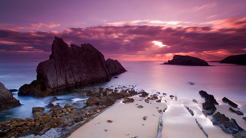 off shore rock island under lavender sunset, rocks, shore, sunset, lavender, clouds, sea, HD wallpaper